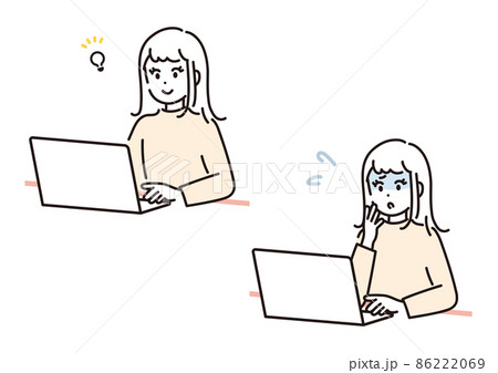 ノートパソコンで在宅ワークをする女性のイラスト素材セット 86222069