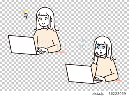 ノートパソコンで在宅ワークをする女性のイラスト素材セット 86222069