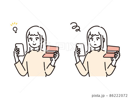 スマートフォンの画面と通帳を見比べる女性のイラスト素材セット スマートフォンの画面と通帳を見比べる女性のイラスト素材セット 86222072