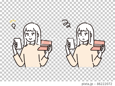 スマートフォンの画面と通帳を見比べる女性のイラスト素材セット スマートフォンの画面と通帳を見比べる女性のイラスト素材セット 86222072