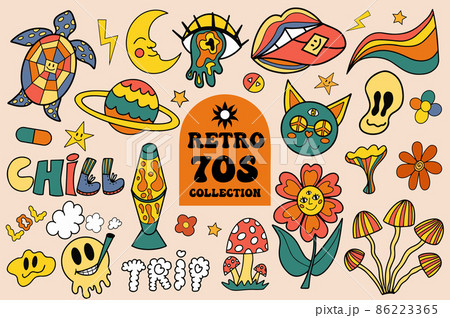 Retro 70s vibe, hippie stickers, psychedelicのイラスト素材