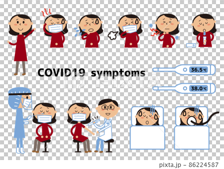 コロナの症状とPCR検査などイラストセット コロナの症状とPCR検査などイラストセット 86224587