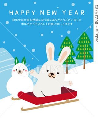 2023年賀状　日の出富士山をバックソリ滑りするうさぎ　縦 86224781