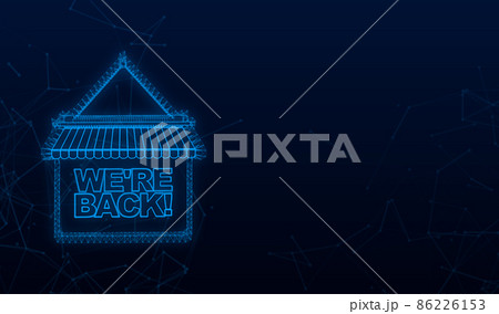 Plexus banner with we are back door sign. Back door sign in flat style on blue background. 86226153