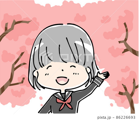 桜の下で笑顔で手をあげる女子学生 桜の下で笑顔で手をあげる女子学生 86226693