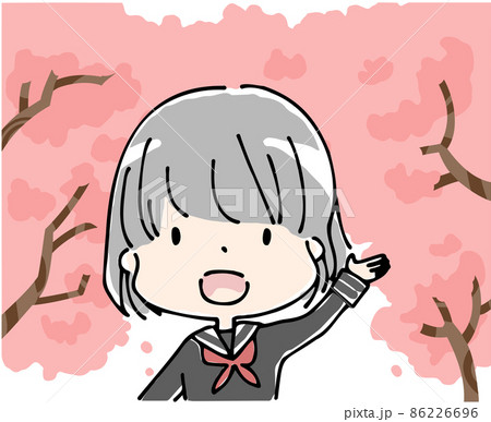 桜の木の下で笑顔で手をあげるセーラー服の女子学生 桜の木の下で笑顔で手をあげるセーラー服の女子学生 86226696