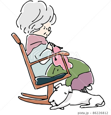 ロッキングチェアに座って編み物をするおばあさん 86226812