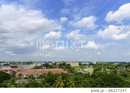 Beautiful landscape mountain green field grass meadow white cloud blue sky on sunny day. Majestic green scenery big mountain hill cloudscape valley panorama view in countryside greenery pasture 86227247