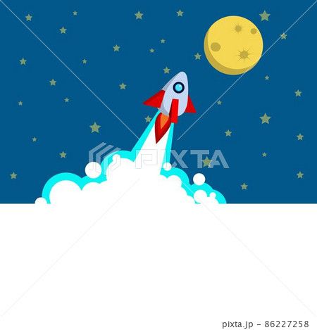 宇宙の星空を背景に月に向かってロケットが飛び立つロケットのバナーイラスト. 86227258