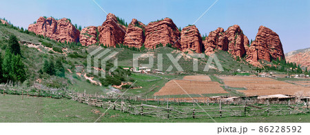 Landscape of Jeti Oguz red rocks in Karakol Kyrgyz republic Landscape of Jeti Oguz red rocks in Karakol Kyrgyz republic 86228592