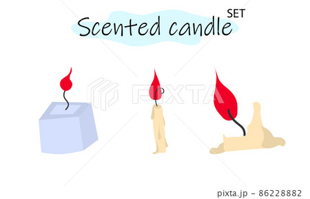 A set of scented candles with a burning fire. Candles for interior, lighting and romantic dates. Aromatherapy. Vector illustration in color design on a white background. 86228882