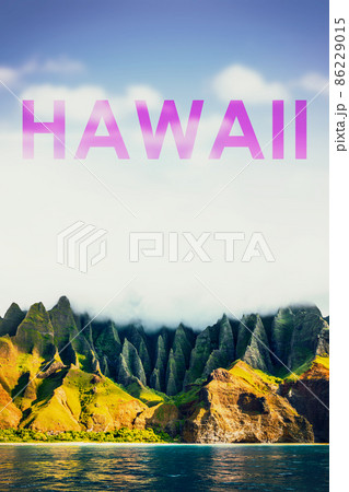 Hawaii travel beach landscape background poster with HAWAII word title written on sky copy space for design advertisement. Summer holiday vacation destination in USA, hawaiian Napali Kauai mountains Hawaii travel beach landscape background poster with HAWAII word title written on sky copy space for design advertisement. Summer holiday vacation destination in USA, hawaiian Napali Kauai mountains 86229015