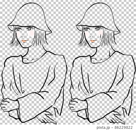 サウナポンチョを着てサウナに入る女性。ボブヘアでサウナハットをかぶっている。 86229822