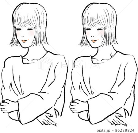 サウナポンチョを着てサウナに入る女性。ボブヘアで目を閉じている。 86229824