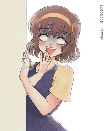 1970年代少女漫画・物陰で衝撃を受ける白目の少女 86230675