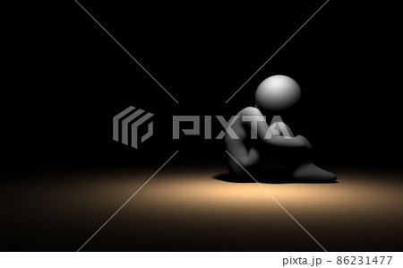暗闇の中で、孤独な人物。膝を抱えてうずくまる。 後悔と絶望。深い悲しみと孤独。 暗闇の中で、孤独な人物。膝を抱えてうずくまる。 後悔と絶望。深い悲しみと孤独。 86231477