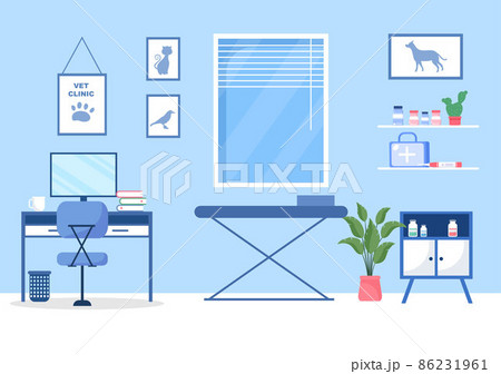 Veterinary Clinic Doctor Examining, Vaccination and Health care for Pets Like Dogs and Cats in Flat Cartoon Background Vector Illustration for Poster or Banner 86231961