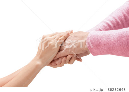 Daughter hands holding Mother hands with clipping path on white background 86232643