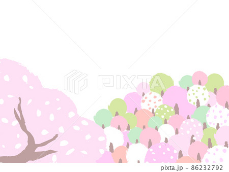 桜咲く山の風景 ほっこり はんなりとしたやさしい色使いの背景イラストのイラスト素材