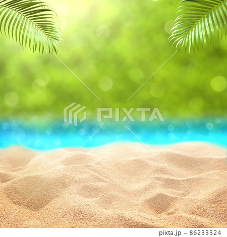 Summer sandy beach  with green grass backdrop product display advertisement 86233324
