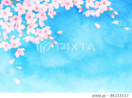 水彩の青空と桜の花と花びらのベクターイラスト 86233537
