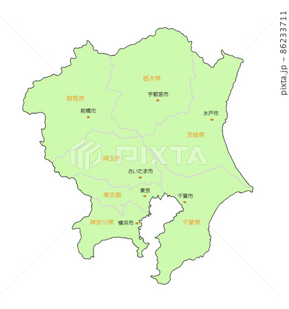 日本地図 関東地方 県名 県庁有 緑色のイラスト素材