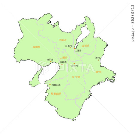 日本地図 近畿地方 県名 県庁有 緑色のイラスト素材