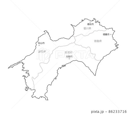 日本地図 四国地方 県庁 県名有 白色のイラスト素材