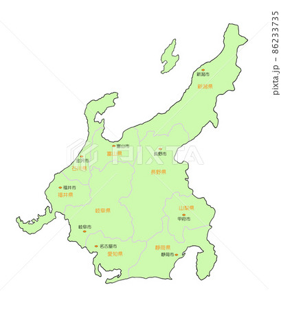 日本地図 中部地方 県名 県庁有 緑色のイラスト素材
