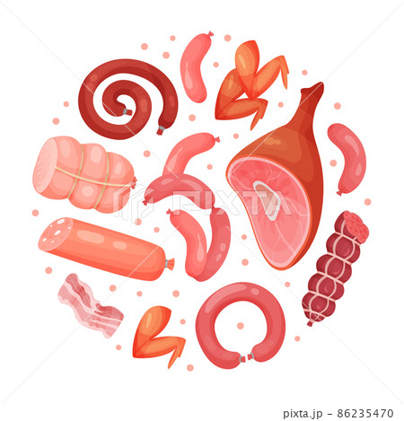 Fresh meat products in circular shape. Butcher shop, organic natural meal poster, card, background vector illustration Fresh meat products in circular shape. Butcher shop, organic natural meal poster, card, background vector illustration 86235470