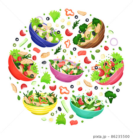 Tasty healthy dishes in bowls in circular shape. Organic natural meal poster, card, background vector illustration Tasty healthy dishes in bowls in circular shape. Organic natural meal poster, card, background vector illustration 86235500