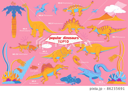 人気のある恐竜達10種類のレトロ風イラスト 86235691