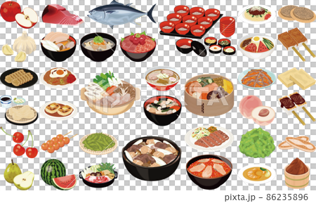 Illustrations of popular Tohoku gourmet foods and specialties ① (Tuna, Kiritanpo, Wanko soba, Boiled potatoes, Beef tongue, Kitakata ramen) 86235896