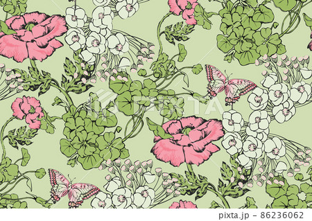 Seamless abstract pattern. Poppies. Green background. Seamless abstract pattern. Poppies. Green background. 86236062