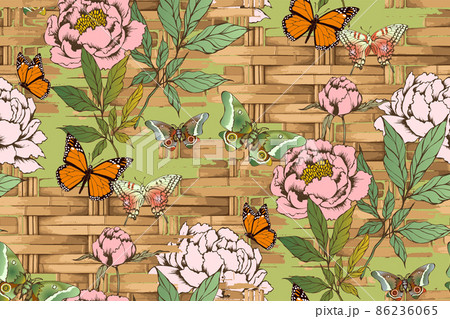 Seamless abstract pattern. Peonies and wicker fence. Seamless abstract pattern. Peonies and wicker fence. 86236065