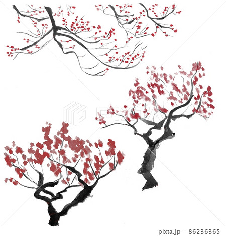 毛筆で書いた和風な梅の木のセットのイラスト素材