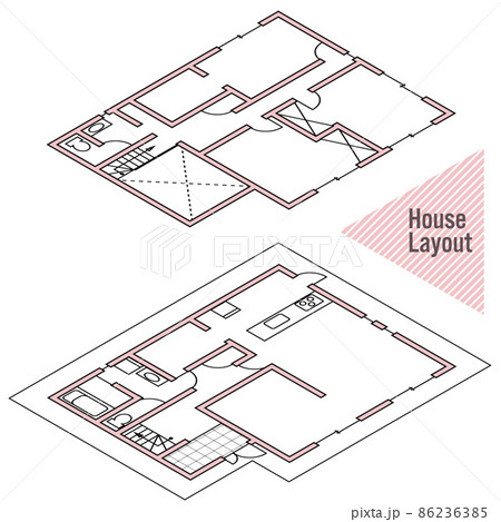 架空の二階建ての戸建住宅の間取り 斜めから見た図 ベクターイラスト 架空の二階建ての戸建住宅の間取り 斜めから見た図 ベクターイラスト 86236385