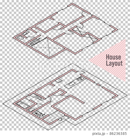架空の二階建ての戸建住宅の間取り 斜めから見た図 ベクターイラスト 架空の二階建ての戸建住宅の間取り 斜めから見た図 ベクターイラスト 86236385
