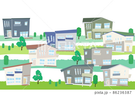 デフォルメした戸建住宅の集まる街並みの景色 ベクターイラスト	 86236387