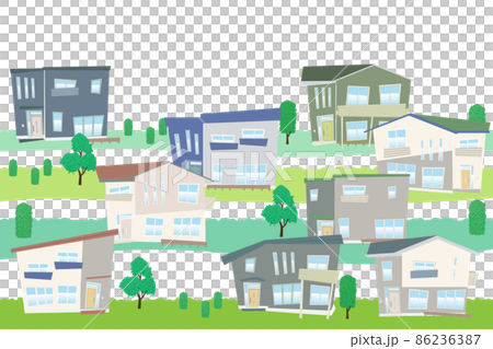 デフォルメした戸建住宅の集まる街並みの景色 ベクターイラスト	 86236387