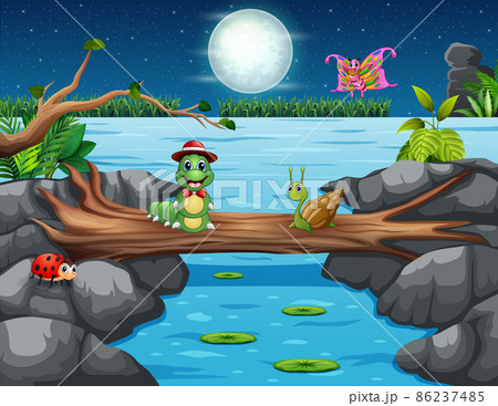 Cartoon of insect animals playing in the nature at night 86237485