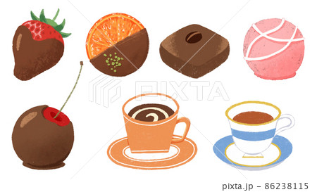 お茶の時間に食べたくなるチョコレートとコーヒーと紅茶のイラスト素材
