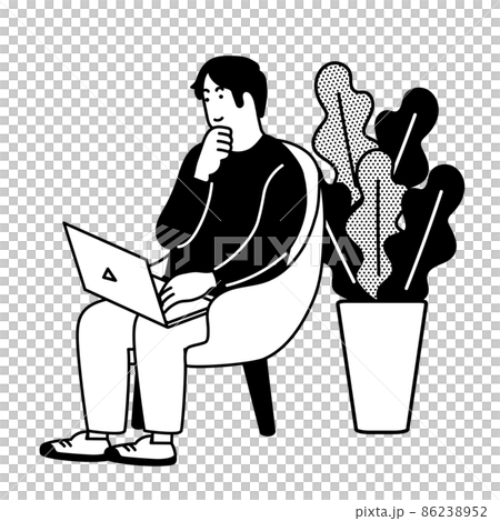 Illustration of a simple man doing a computer with a relaxed gesture 86238952