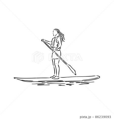 Stand up paddle surfing, boarding. Single female surfer with paddle. Surfrider girl on board. Paddleboarding, SUP fitness. fitness illustration. Abstract isolated contour of surfboarder. Stand up paddle surfing, boarding. Single female surfer with paddle. Surfrider girl on board. Paddleboarding, SUP fitness. fitness illustration. Abstract isolated contour of surfboarder. 86239093