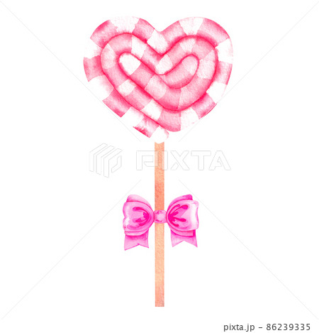 Watercolor heart-shaped lollipop with pink bow on white background Watercolor heart-shaped lollipop with pink bow on white background 86239335