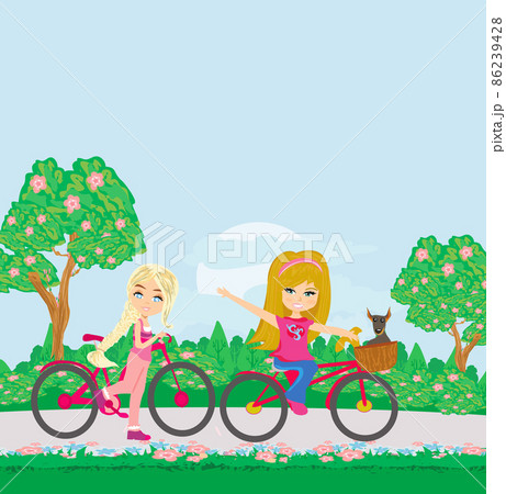 children biking in the park on a spring day children biking in the park on a spring day 86239428