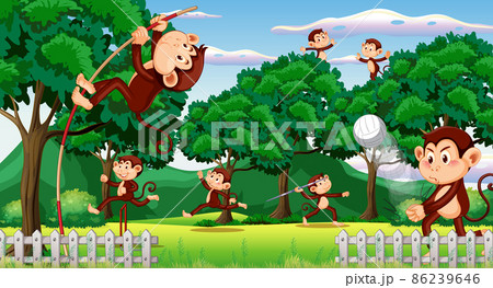 Forest scene with funny monkeys cartoon 86239646