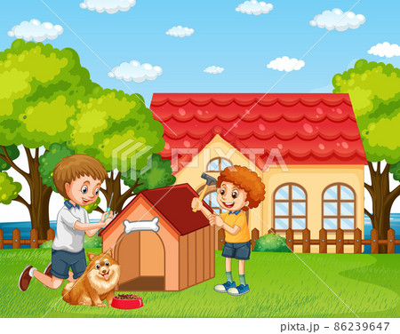 Dad and son building a doghouse together 86239647