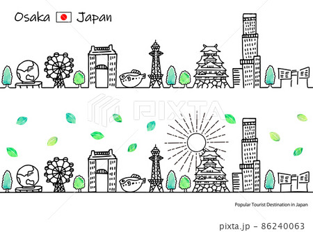 夏の大阪の観光地の街並みと太陽のシンプル線画セット 86240063