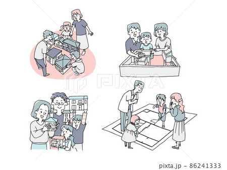 家の購入や設計について楽しそうに会話する家族のセット コミカルな手書きの人物 のイラスト素材
